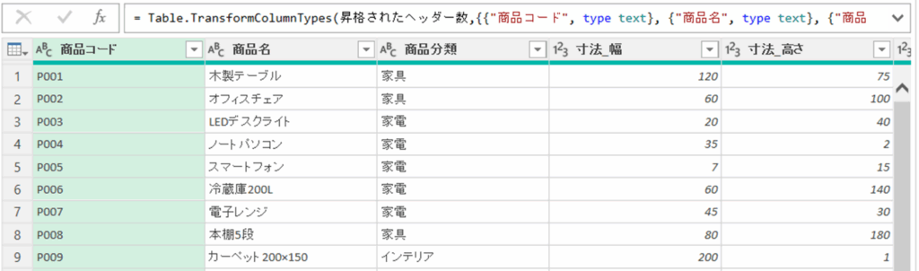 1行目をヘッダーとして使用した結果