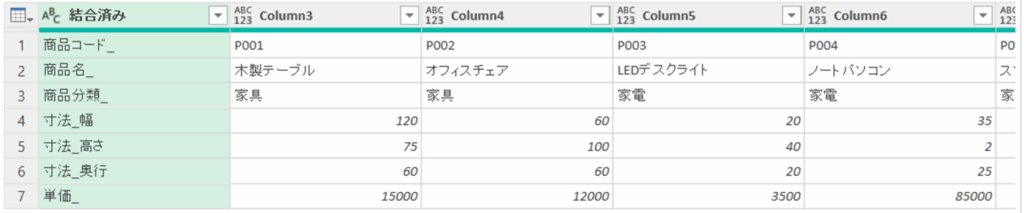 列のマージされた結果