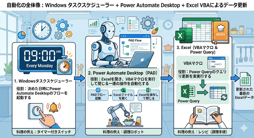 自動化の全体像:Windows タスクスケジューラー+Power Automate Desktop+ Excel VBAによるデータ更新